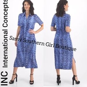 🆕⭐INC International Concepts Blue Snake Print Button Midi Dress